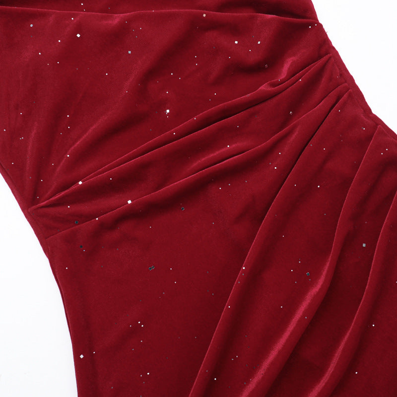 Autumn Socialite Halter Sleeveless Velvet Shiny Split Slimming Dress