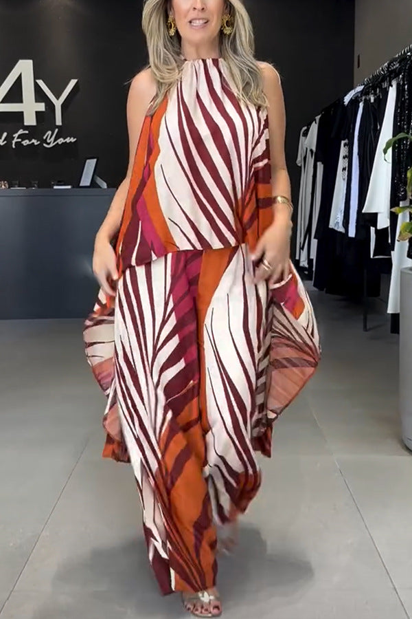 Summer Positioning Printed Long Sleeved Top Wide Leg Pants Two Piece Set Women Clothing