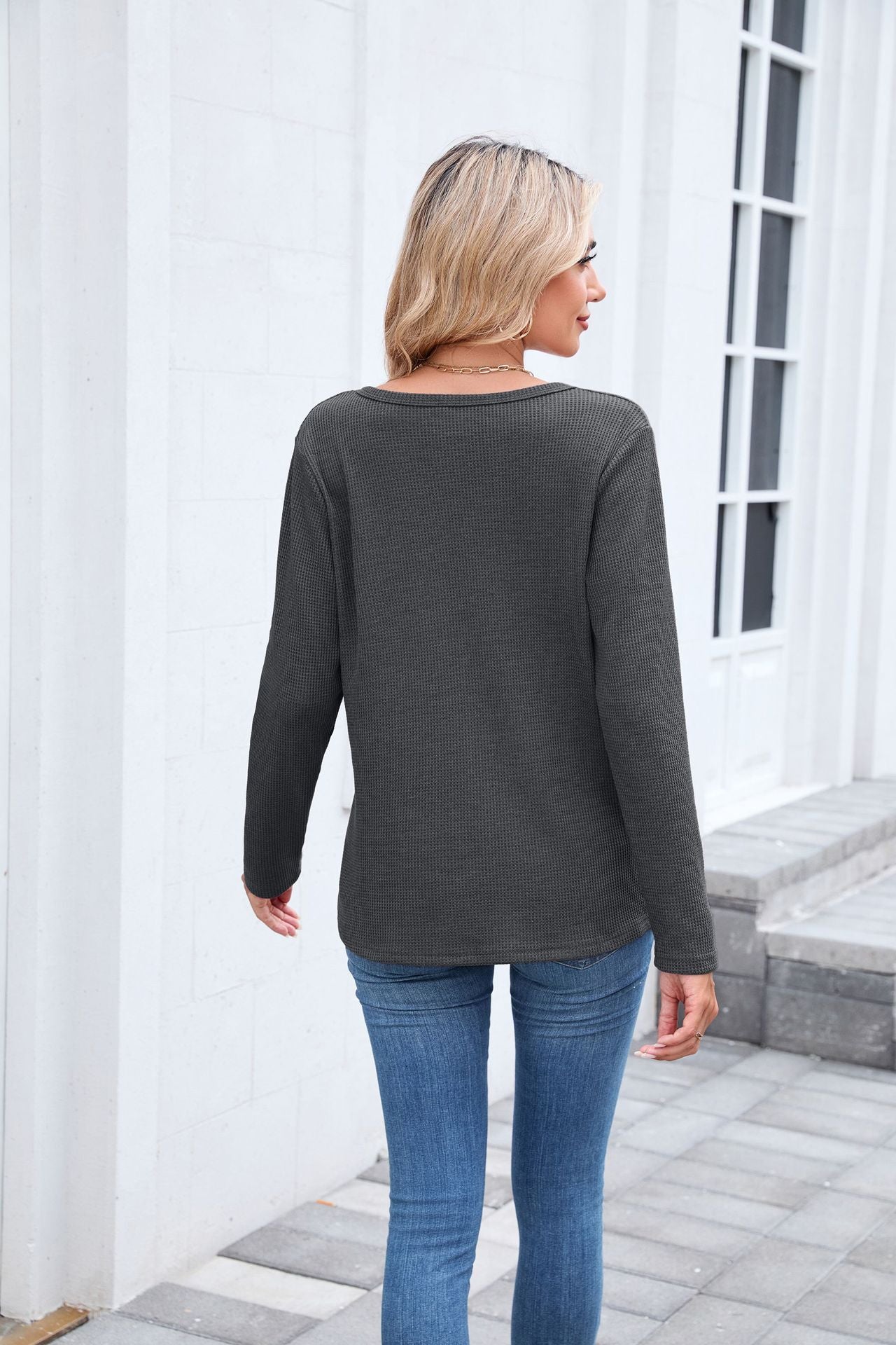 Autumn Winter Waffle Solid Color V neck Loose Long Sleeved T shirt Top Women