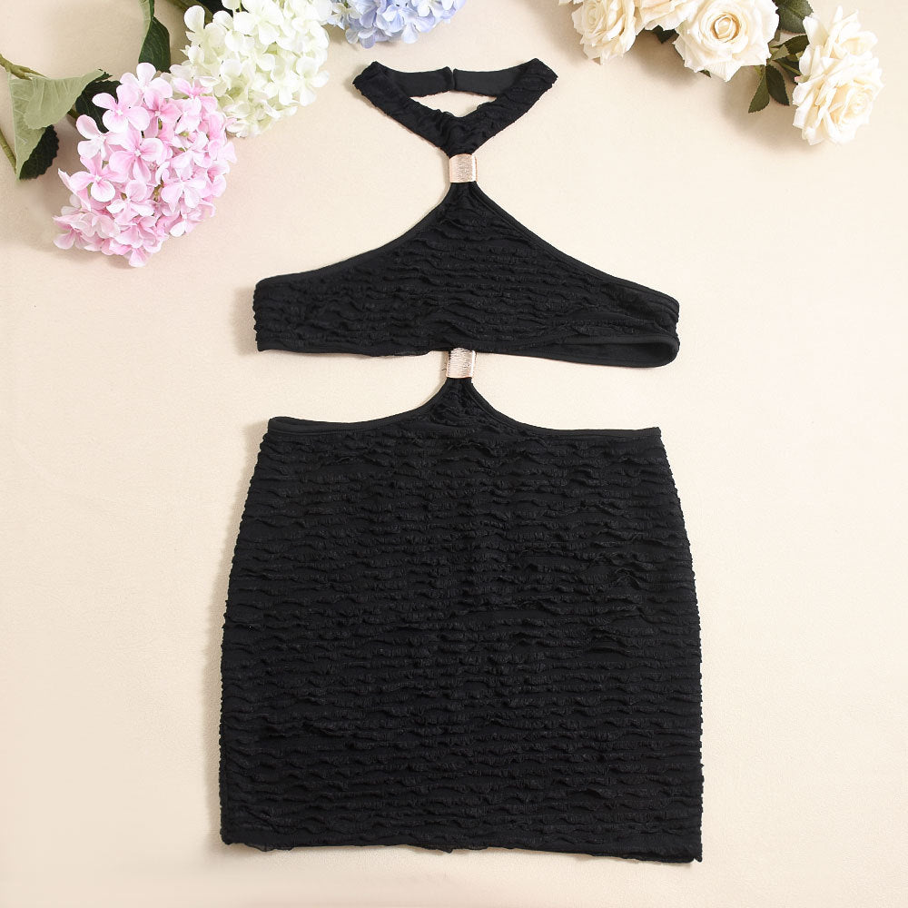 Spring Summer Cropped Outfit Hollow Out Cutout out Halter Wrapped Chest Metal Buckle Sexy Dress