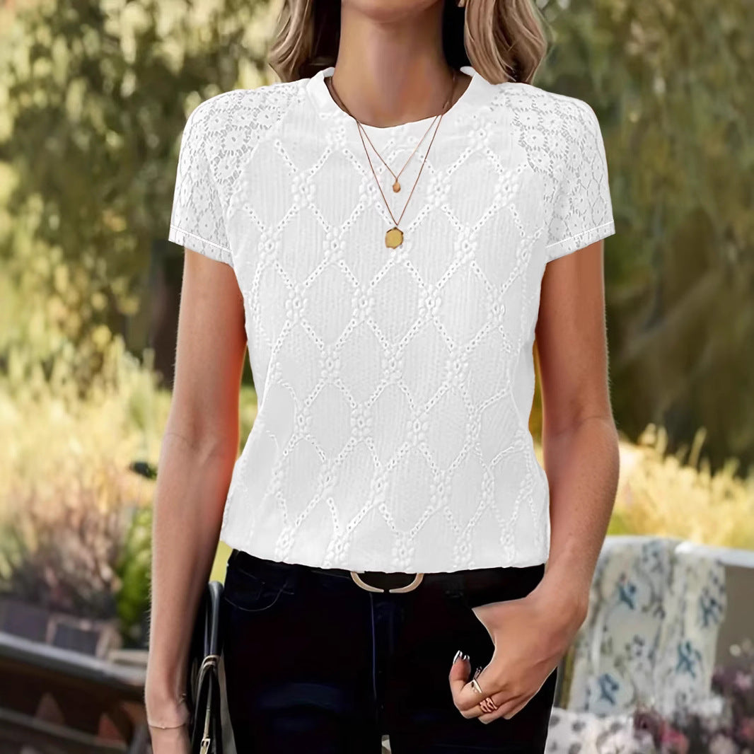 T shirt Casual Women round Neck Short Sleeve Top Crochet