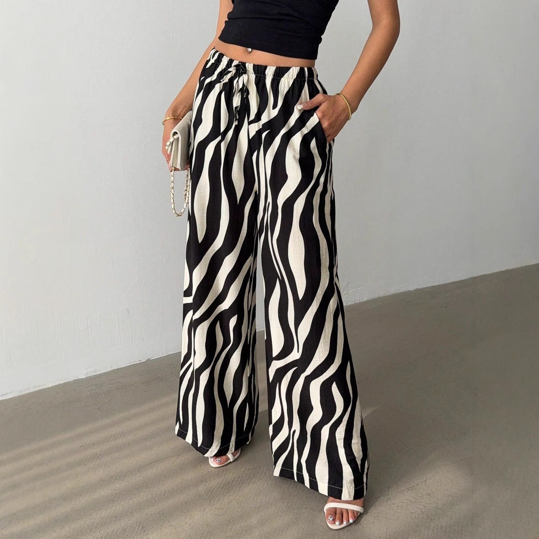Straight Pants Sexy Zebra Print Bootcut Pants Low Waist Drawstring Casual Pants