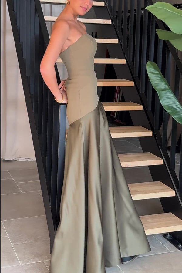 Summer Sexy Tube Top Satin Sleeveless Stitching Solid Color Dress
