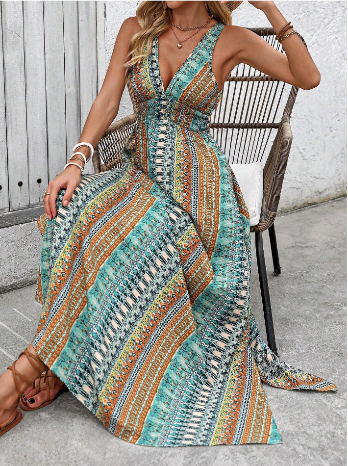 Summer Women V neck Split Sleeveless Dress