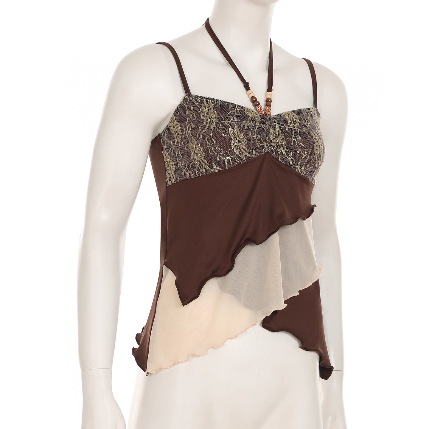 Street Sexy Sweet Cool Gold Silk Stitching Retro Irregular Asymmetric Layered Beads Halter Slimming Vest