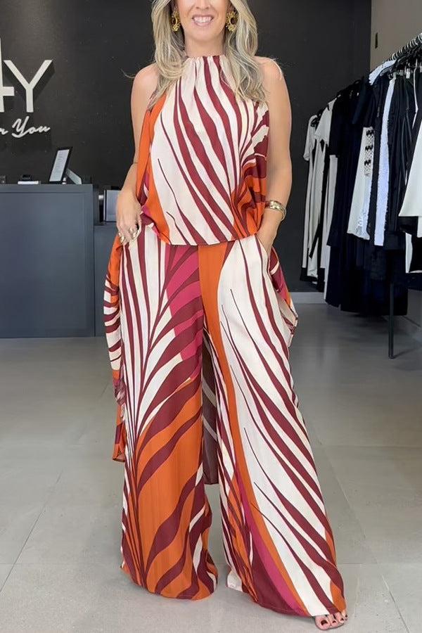 Summer Positioning Printed Long Sleeved Top Wide Leg Pants Two Piece Set Women Clothing