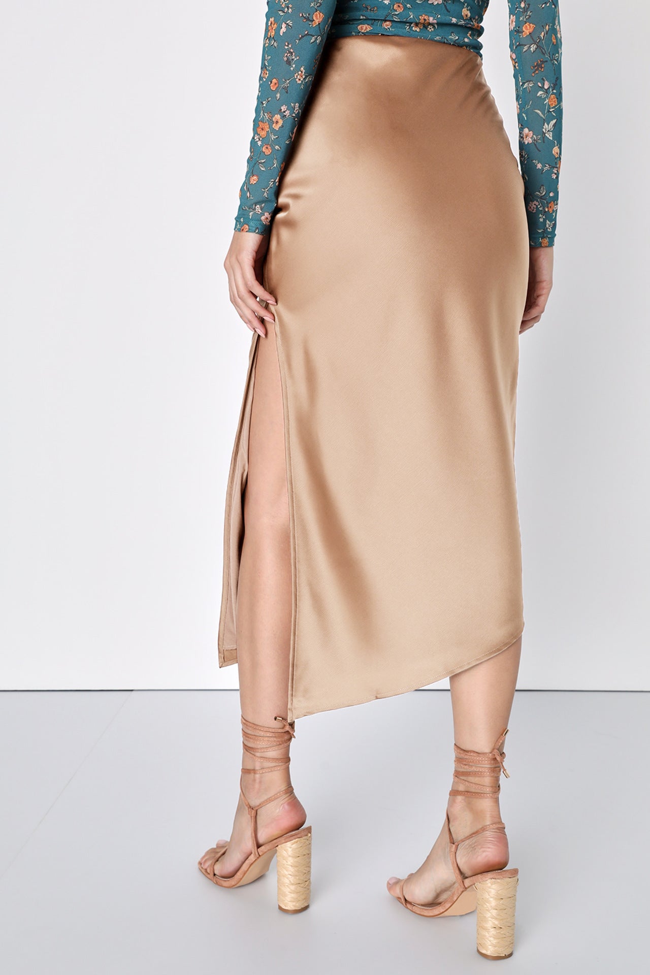 Women Clothing Satin Skirt Asymmetric High Waist Elastic Long Skirt Elegant Slit Skirt