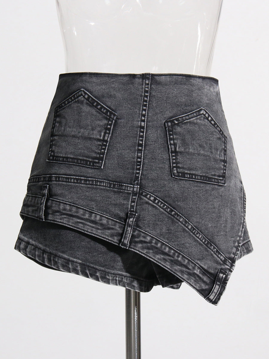 Personality Street Denim Stitching Shorts Autumn High Waist Irregular Asymmetric Washed Worn Jeans Women