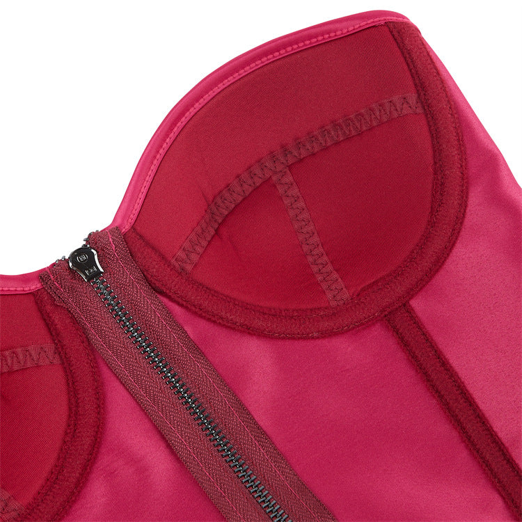 Rose Red Zipper Women Tube Top Chest Support with Steel Ring Push up Body Shaping Top Supply