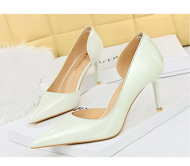 Simple Stiletto Heel Shiny Patent Leather Shallow Mouth Pointed Side Hollow Out Cutout High Heels Women Shoes