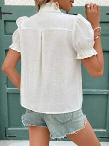Spring Summer Cotton Embroidered Cardigan with Buckle Puff Short Sleeve T shirt Women