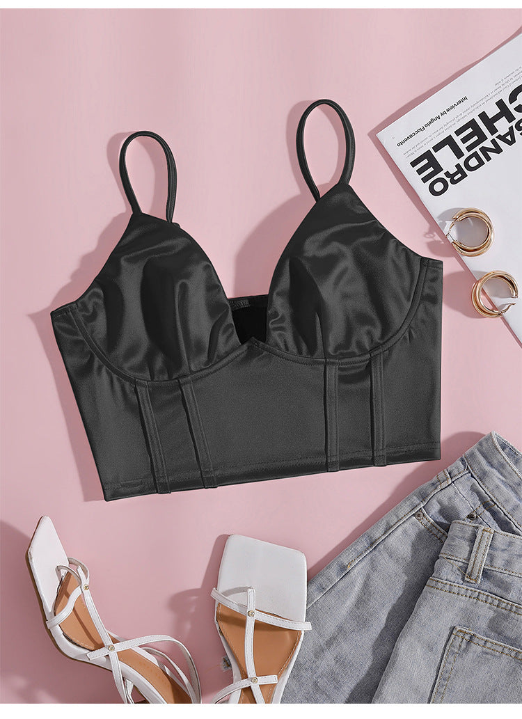 Women Clothing Sling Slim Fit Sexy Vest Adjustable Shoulder Strap Satin Short Top