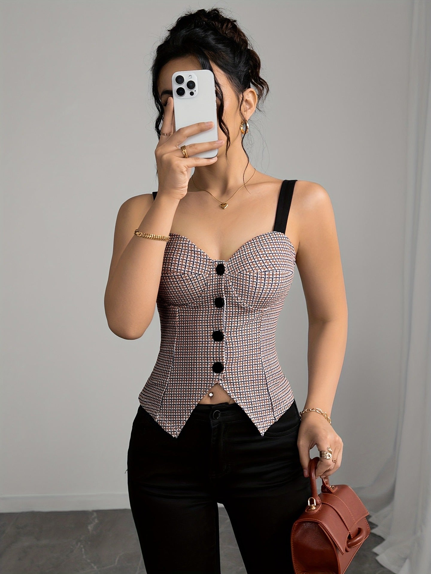 Court Retro Plaid Sling Tube Top Exquisite Elegant Button French Slim Fit Vest Top