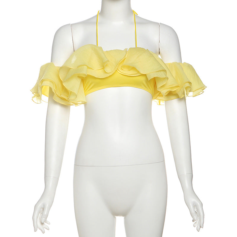 Summer Women Clothing Sexy Halter Cropped Wrapped Chest Split Lace Sleeve Solid Color Top