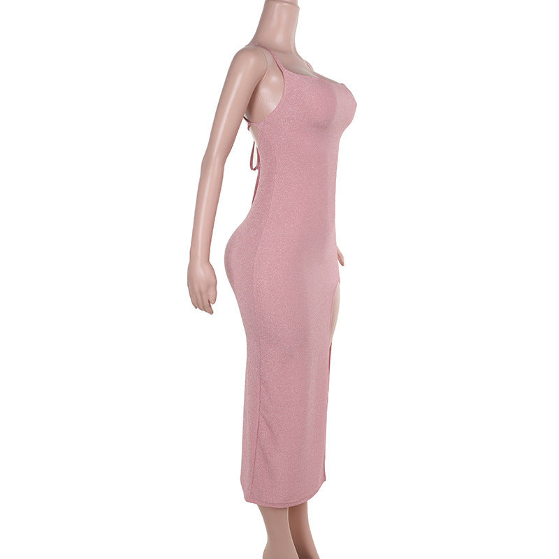 Autumn Sexy Socialite Sexy Slim Fit Camisole Gown Shiny Split Dress Women