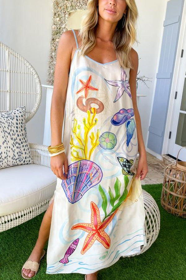 Summer Cool Printed Sling Satin Vacation Loose Dress Women