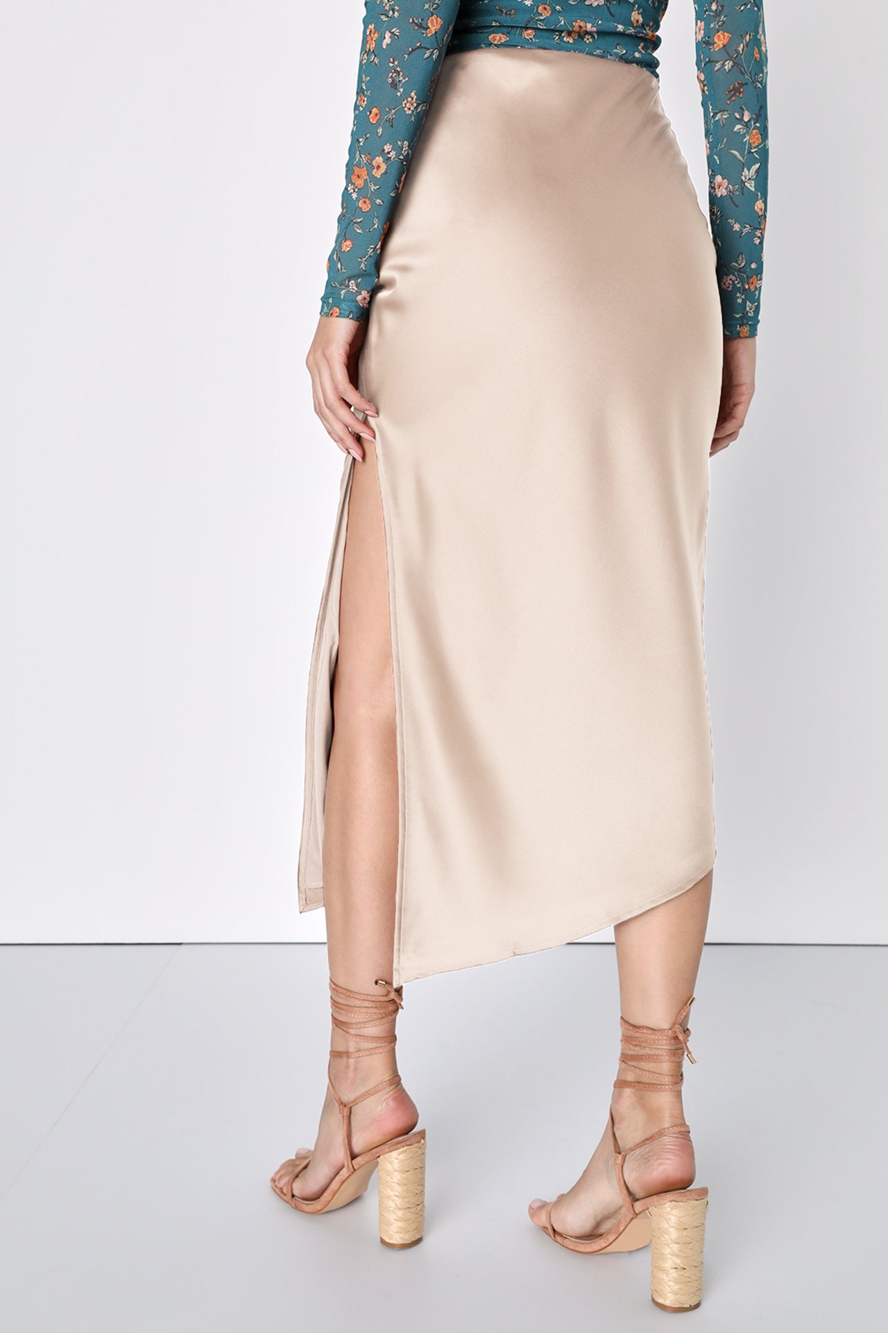 Women Clothing Satin Skirt Asymmetric High Waist Elastic Long Skirt Elegant Slit Skirt