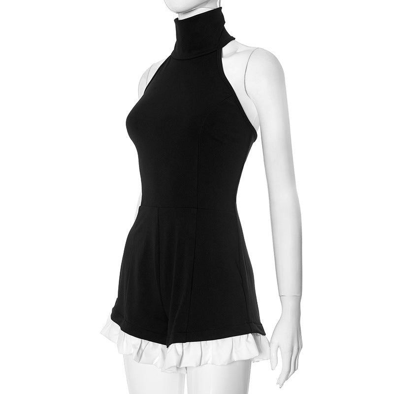 Spring Summer Women Clothing Color Contrast Patchwork Sleeveless Halter Sexy Slim Fit Romper