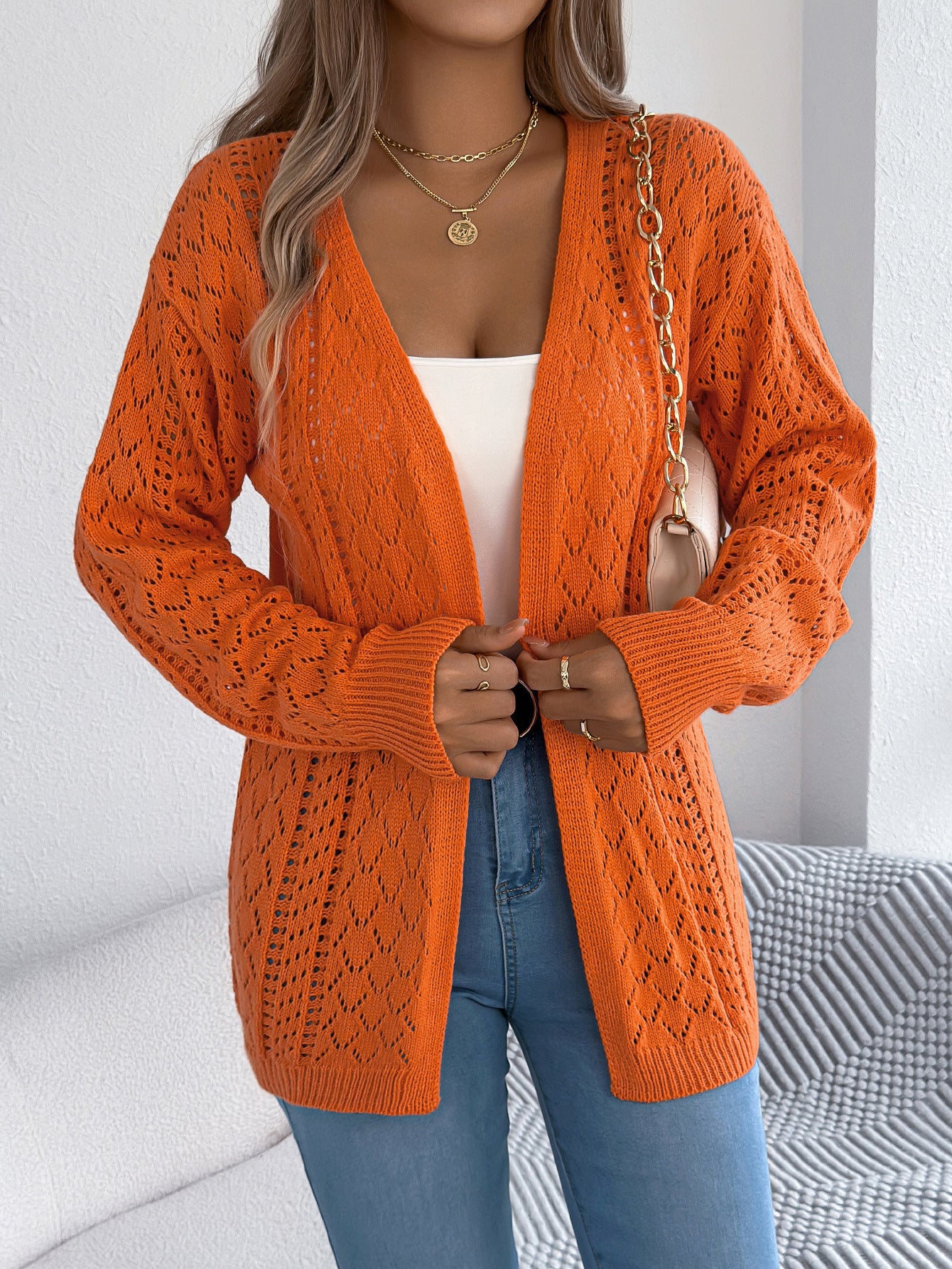 Autumn Winter Hollow Out Cutout out Lantern Long Sleeve Cardigan Sweater Mid Length Coat Women Clothing