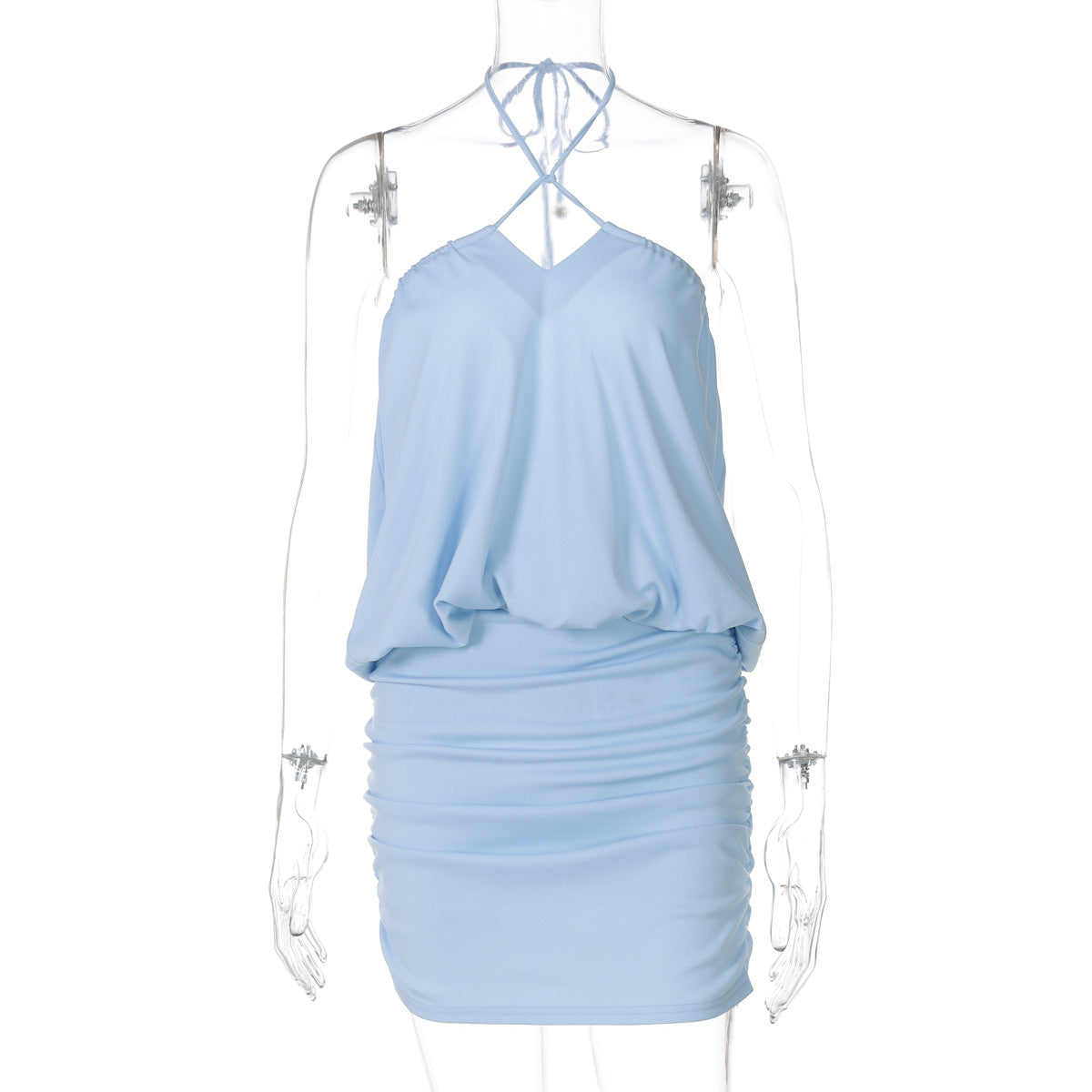 Women Clothing Summer off Neck Halter Lace up Top Pleated Hip Skirt Two Piece Sets