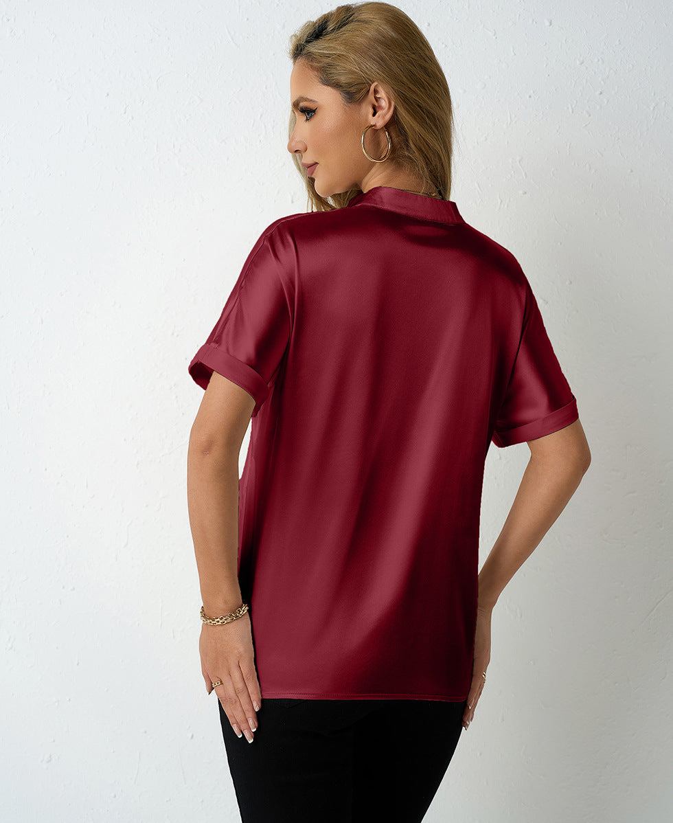 Solid Color Satin Women Clothing with Shoulder Stand Collar Short Sleeve Shirt Satin Shirt