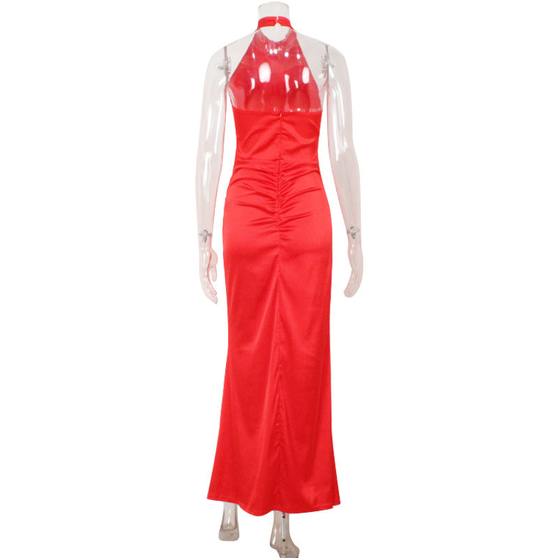 Elegance Sleeveless Halter Slim Fit Backless Satin Fashionable Simple Fishtail Hip Dress