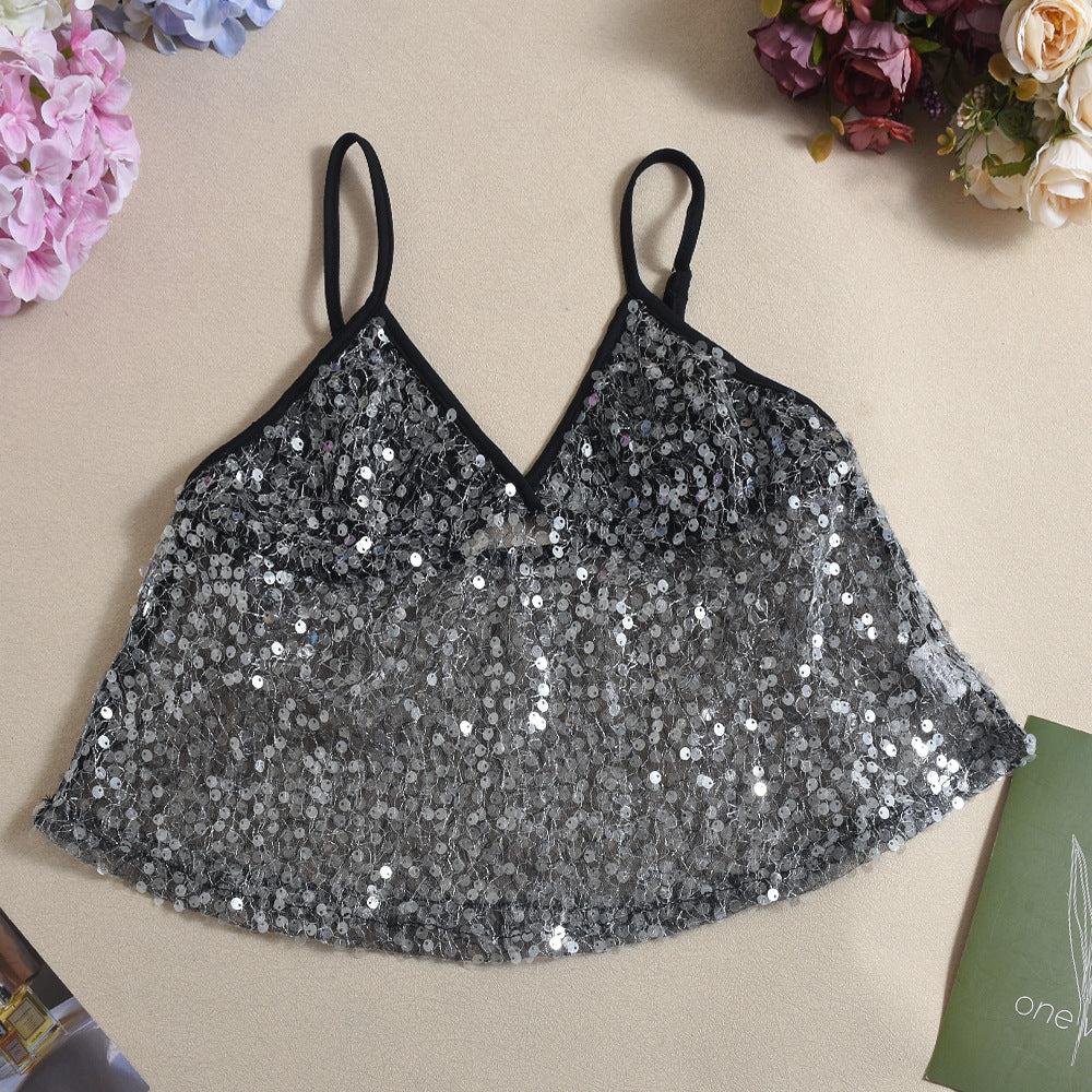 Women Clothing Spring Summer Type Sequin See through Slip on Top Cloak Type Chest Wrapped Women