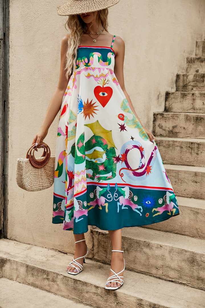 Casual Dress Women Clothing Spaghetti-Strap Floral Print Sleeveless Swing Dress Amplified craft
