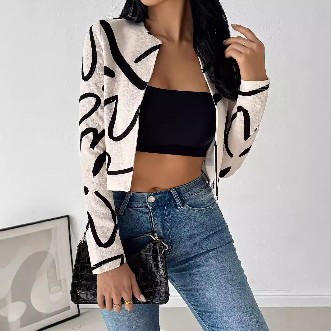 Autumn Winter Elegant Ladies Casual Abstract Printing Open Front Jacket Top Women Clothing