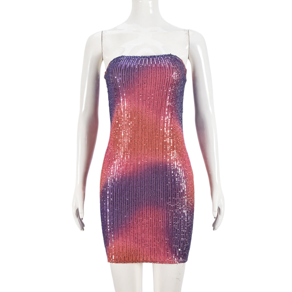 Christmas Sexy Tube Dress Women Sexy Double Layer Cover Hollow Out Cutout Backless Sequin Hip Dress