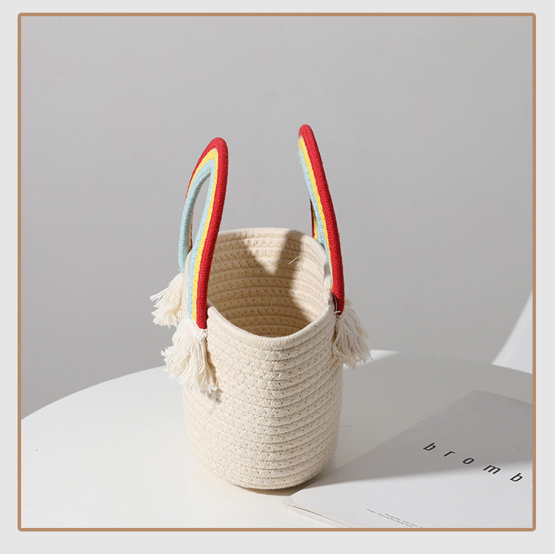 Cute Rainbow Clouds Handbag Handmade Cotton Thread Woven Bag Seaside Vacation Beach Bag Straw Bag