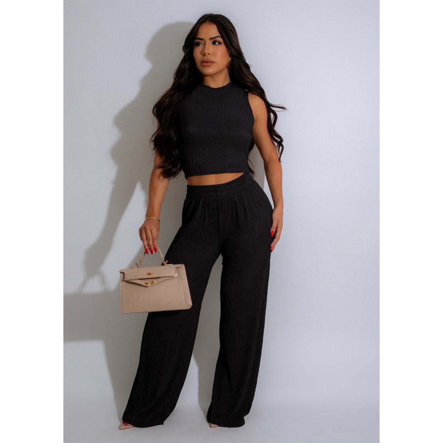 Women Clothing Elastic Crumpled Loose Sleeveless Wide Leg Pants Suit Two Piece Sets
