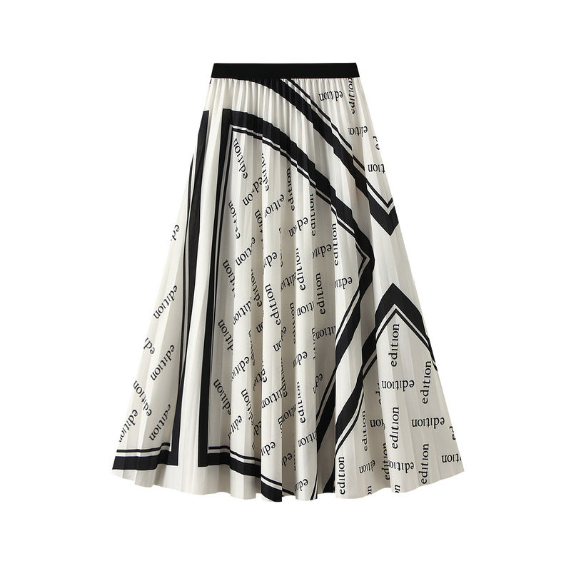 Pleated Letter Graphic Printed Skirt for Women Autumn Elastic Waist Mid Length Big Hem Umbrella Skirt