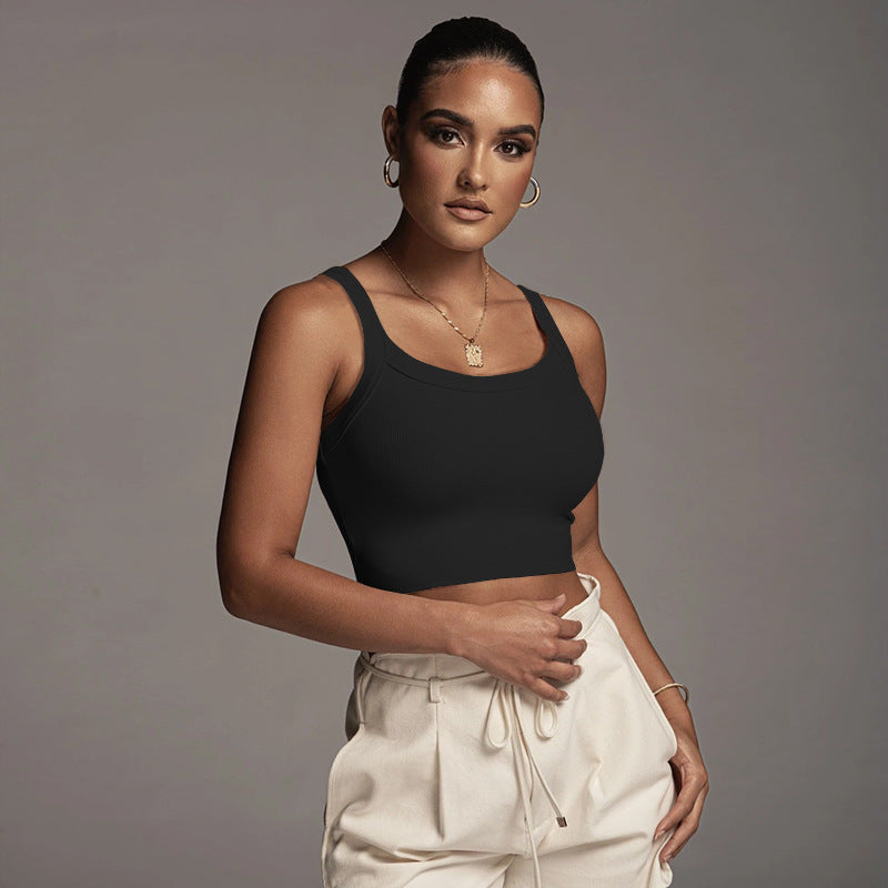Women Clothing Niche Thread Knitted Camisole Short Bare Cropped Slim Fit Slimming U-Collar Inner Vest