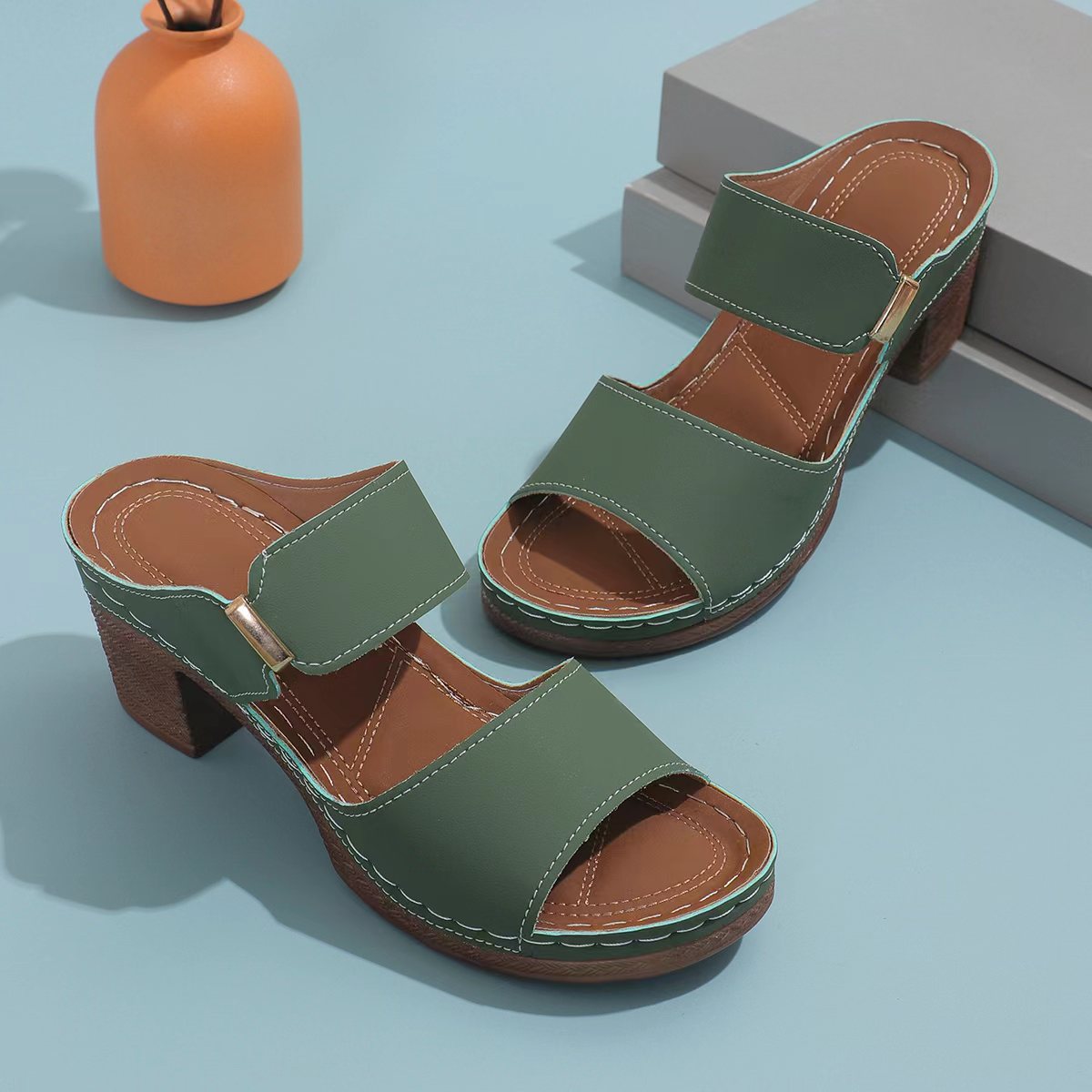 Open Toe High Heel Slippers Women Chunky Heel Embossed Sandals