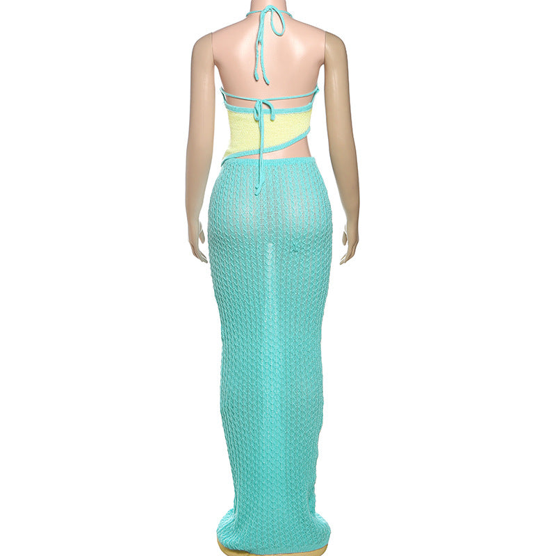 Summer Women Sexy Contrast Color Halter Small Sling Vest Knitted Hollow Out Cutout Skirt Two Piece Sets