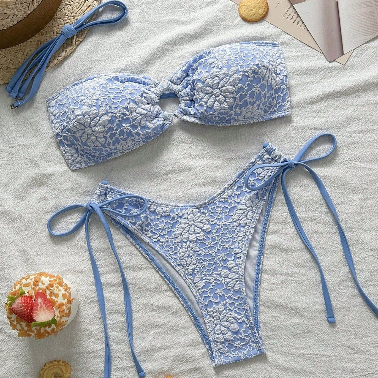 Swimwear Solid Color Floral Patterned Fabric Bikini Sexy Lace up Bandeau Bikini