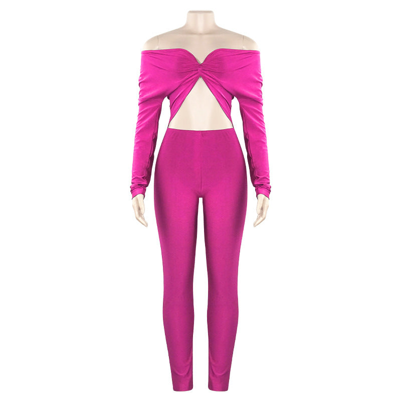 Autumn Solid Color V Neck Twist Hollow Out Cutout Cropped Sexy High Waist Long Sleeve Jumpsuit