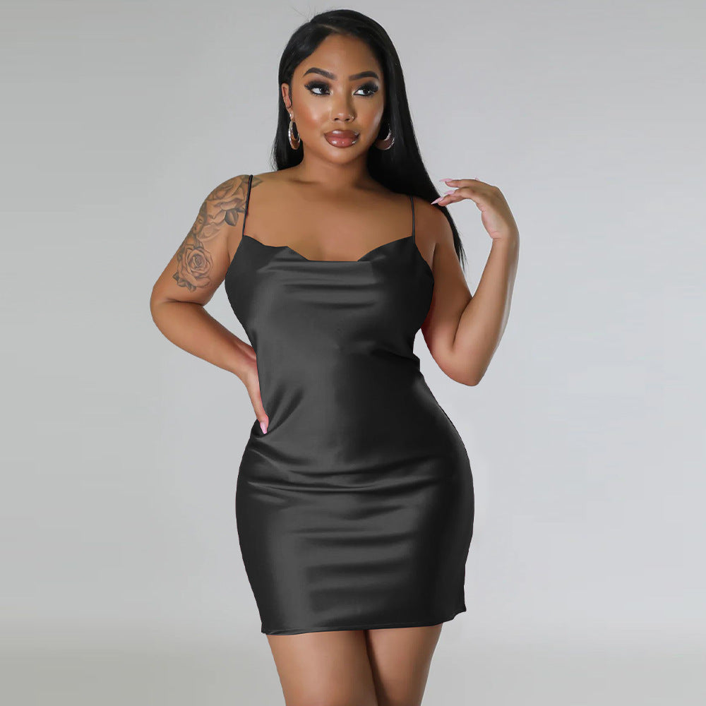 Women Clothing Solid Color Backless Dress Artificial Silk Sexy Swing Collar Sling Dress