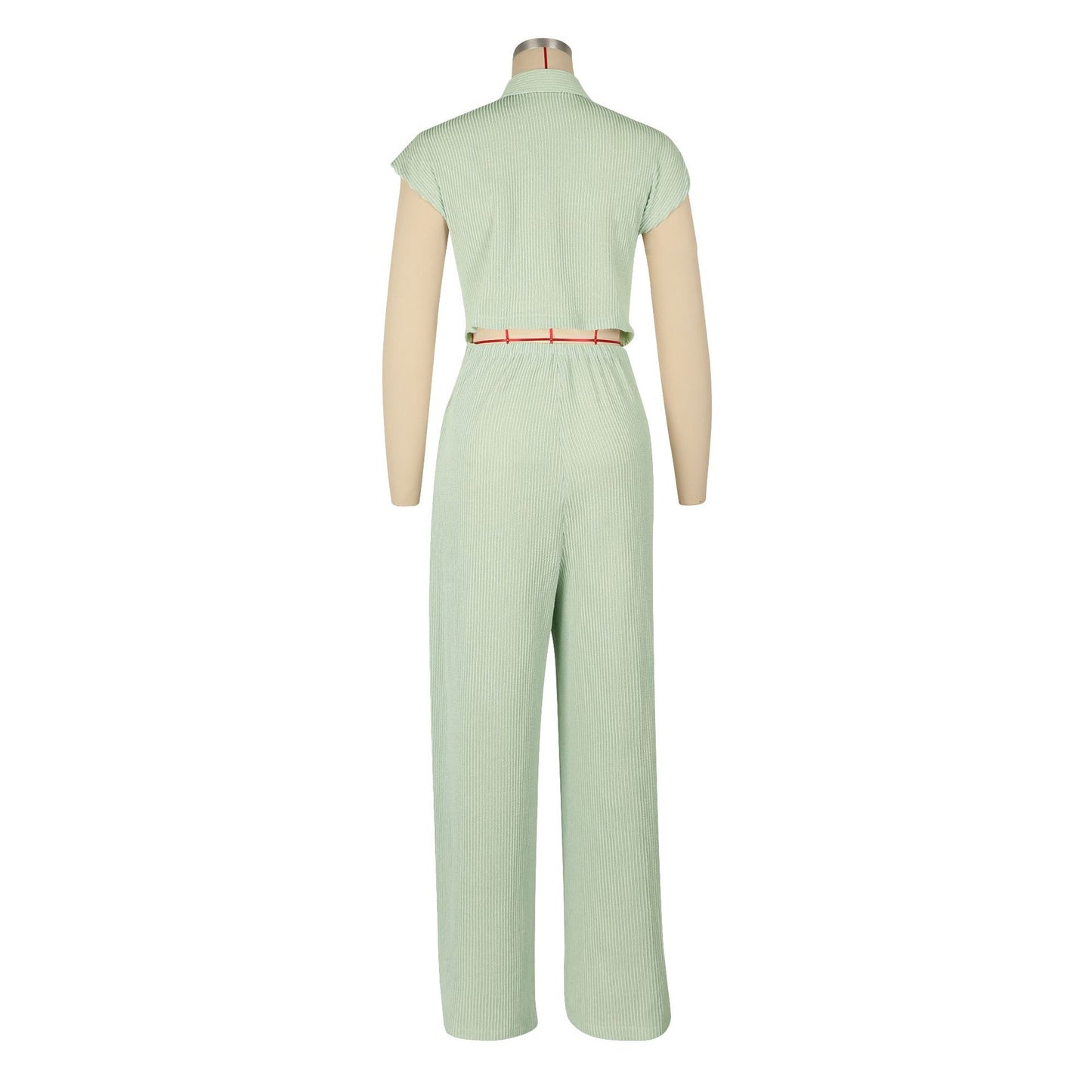 Women Clothing Jumpsuit Striped Collared Slim Shirt Collar Straight Leg Pants Sleeveless Summer