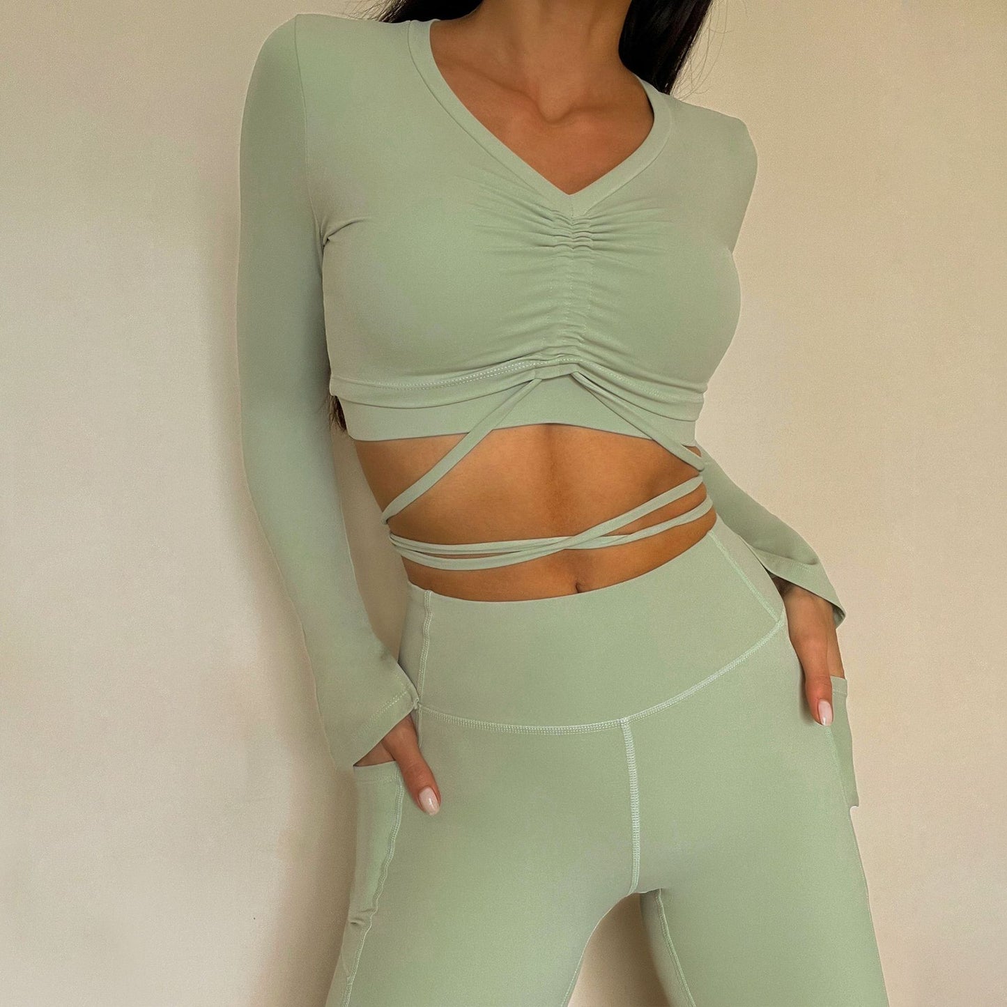Yoga Clothes Suit Women Drawstring Coat Flared Cuffs High Waist Abdominal Shaping Slimming Yoga Bell Bottom Pants