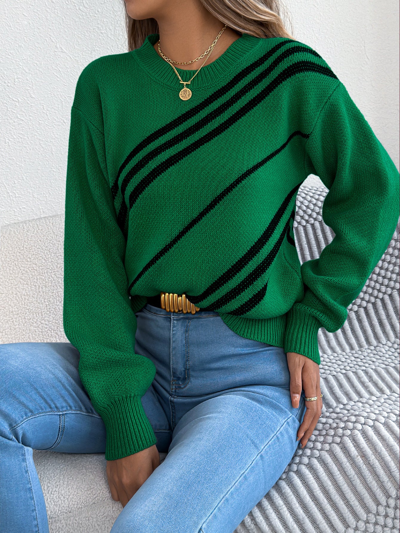 Women Clothing Autumn Winter Casual Striped round Neck Lantern Long Sleeve Pullover