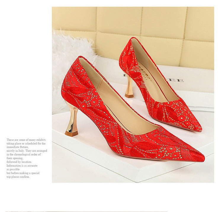 Lace Mid Heel Shoes Pointed Irregular Asymmetric Lines Stiletto Heel Women Professional Shoes