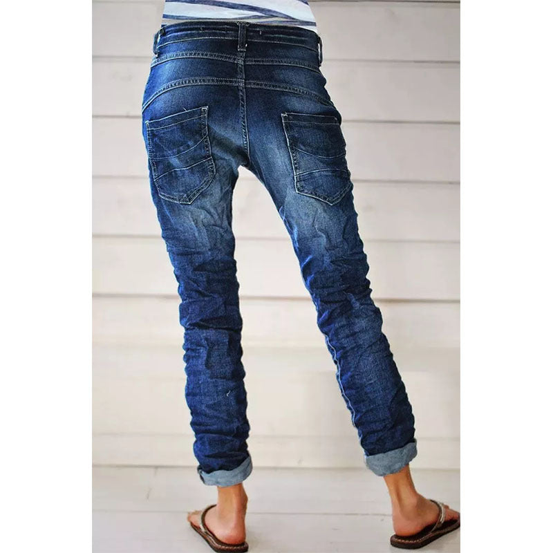 Ripped Denim Drawstring Elastic Waist Washed Women Casual Pants Tide