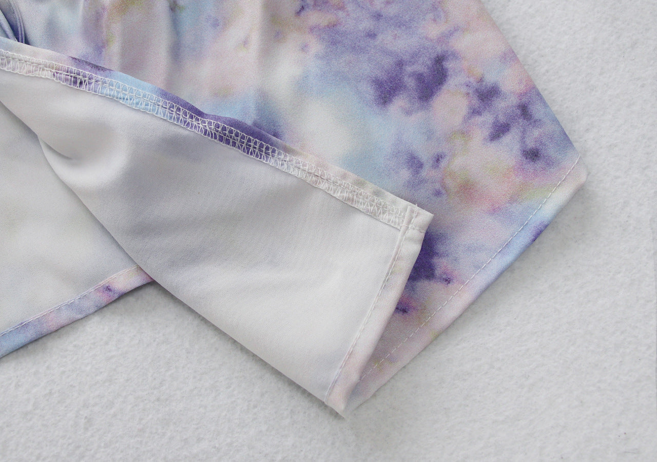 Summer Sexy Tie Dyed Home Wear Ruffled Pajamas Suit Casual Lace Up Outer Shirt Shorts Two Piece Suit