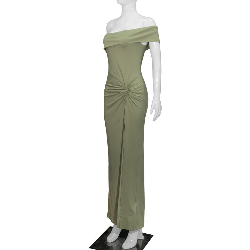 Slant Shoulder Tight Waist Twisted High Waist High Slit Sheath Maxi Dress