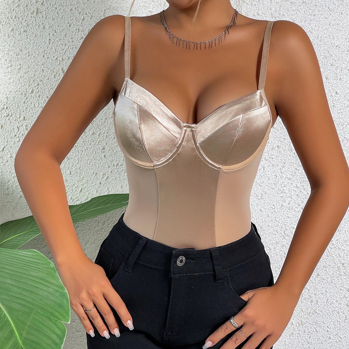 Skin Color Base Advanced Stitching Feeling Slim Fit Sleeveless Jumpsuit