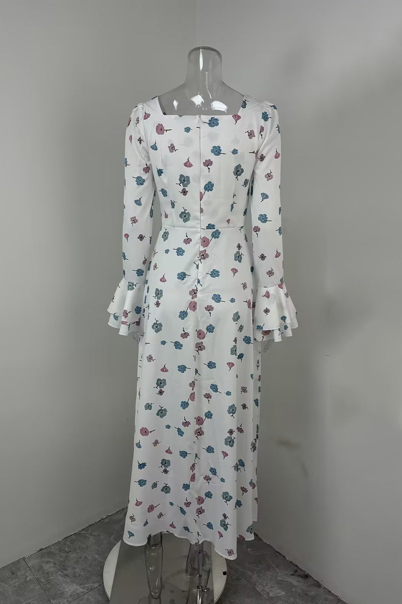 Summer Women Clothing Elegant Floral Pleated Fairy Fitted Waist Flare Sleeve Women Floating Dress