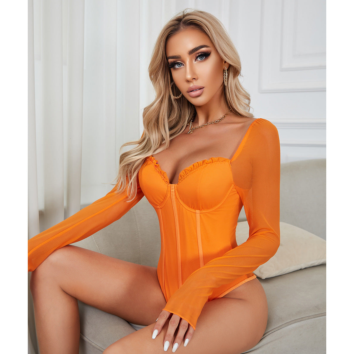 Summer Sexy Double Layer Mesh Wooden Ear Slim Fit Slimming Sense of Design Jumpsuit