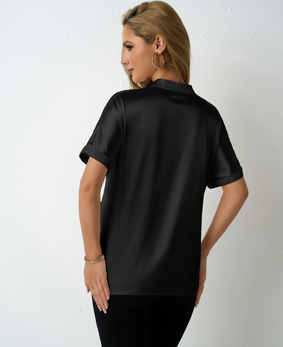 Solid Color Satin Women Clothing with Shoulder Stand Collar Short Sleeve Shirt Satin Shirt